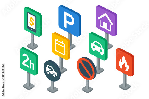 Colorful Street Signs. Isometric vector illustration set Street signs – pay by phone sign, parking meter sign, permit zone sign; 2