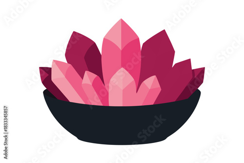 Pink crystal cluster in a black bowl minimalist vector illustration