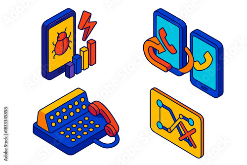 Phone Exploit Icons. Isometric vector illustration set Phone Network Exploit Icons: Signal hijack icon, call reroute arrow path,