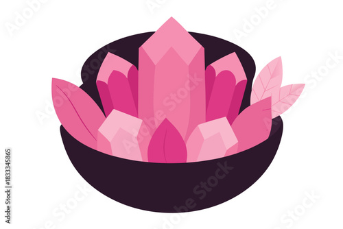 Pink crystals in a dark bowl with leaves illustration