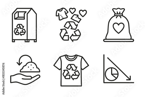 Fashion Waste Solutions. Line style icons of fashion waste reduction: textile recycling bin, fabric scraps into hearts, donation