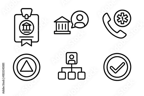 Authority Coordination Icons. Line style icons of coordination with authorities: government liaison badge, local authority contact