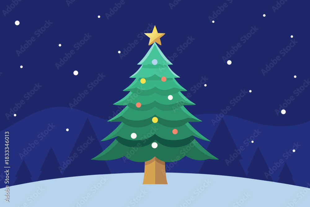 Obraz premium Stylized christmas tree with star and snow in winter landscape at night