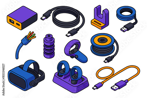 VR Gaming Setup. Isometric vector illustration set VR gaming setup – PCVR adapter, link cable, quick-release clip; fiber-optic