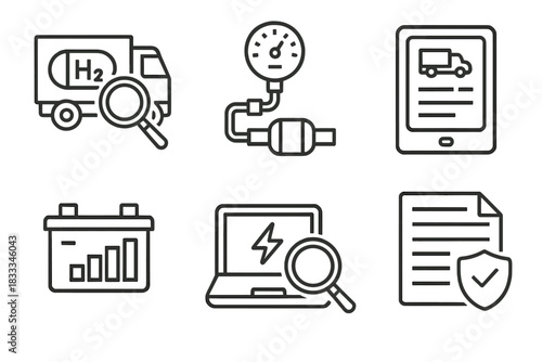 Hydrogen Truck Maintenance Icons. Line style icons of hydrogen truck maintenance and inspection: hydrogen tank check, pressure