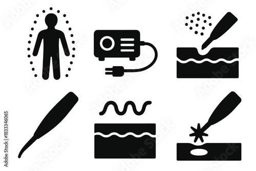 Plasma Medicine Icons. Solid style icons of plasma medicine: human body with plasma field, medical plasma device, skin treatment