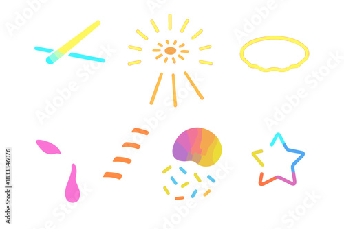 Luminous Food Fusion. Solid style icons of food and light fusion: beam-pierced cake, light-ray sushi roll, glowing tart crust.