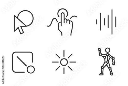 Interactive Art Icons. Line style icons of interactive generative art: cursor-based shape, touch interaction trail, sound-reactive