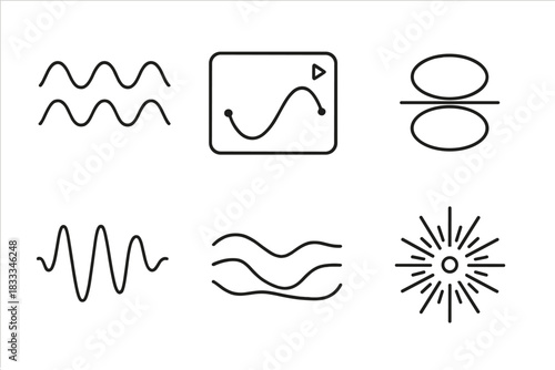 Time-based Generative Art. Line style icons of time-based generative art: animated sine curves, frame-based motion path,