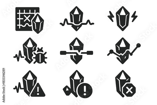 Crystal Debugging Icons. Solid style icons of crystal debugging systems: error pulse maps, defect wave scanners, energy