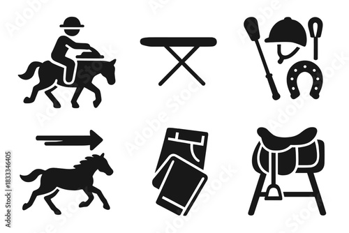 Extreme Ironing Icons. Line style icons of Extreme Ironing: horse riding ironer, mounted ironing board, riding gear icon, fast