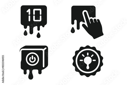 Interactive Melt Icons. Solid style icons of interactive melt timers: countdown drip slab, touch-to-melt panel, viewer-controlled