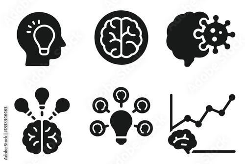 Viral Cognition Icons. Solid style icons of intellectual contagion: contagious idea glyph, mind mesh ring, mental network burst.