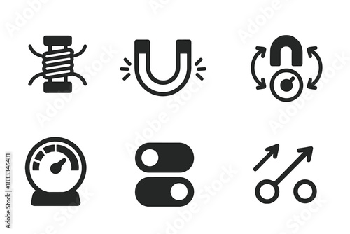 Magnetic Field Icons. Solid style icons of magnetic field generation: electromagnet coil, permanent magnet icon, magnetic force