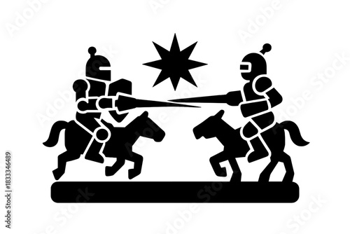 Robot Jousting Duel. Solid style icons of robot jousting: two robots charging with lances, mechanical horse base, impact collision