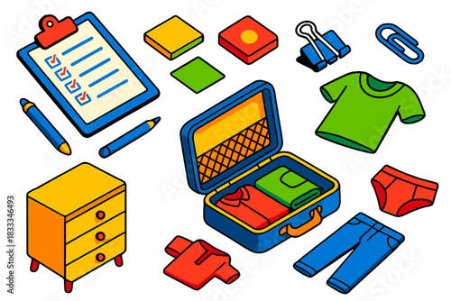 Vibrant Travel Essentials. Isometric vector illustration set Travel gear – packing checklist on clipboard, pen, sticky notes;