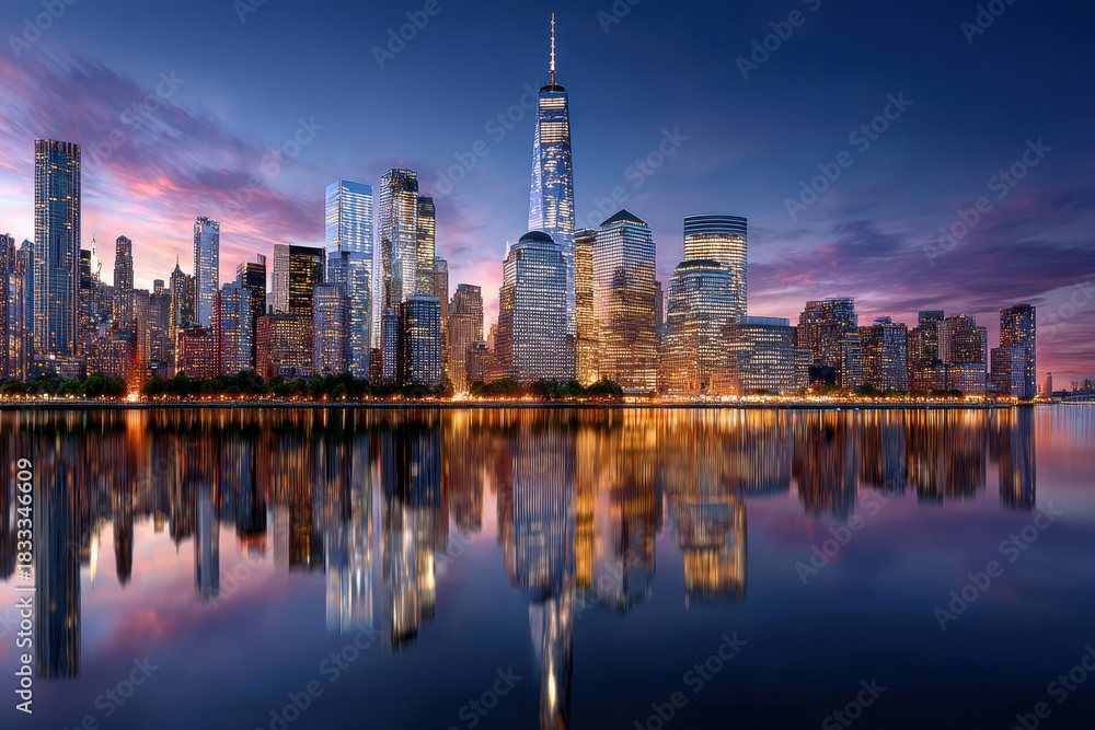 Obraz premium City Skyline at Dusk with Water Reflections