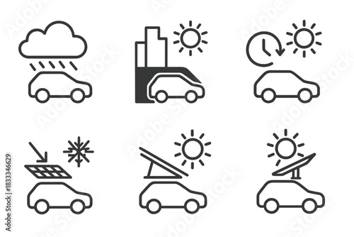 Solar Vehicle Solutions Icons. Line style icons of barriers and solutions for solar vehicles: cloud block icon, shaded city area,