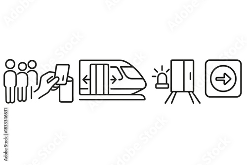 Maglev Train Boarding Icons. Line style icons of maglev train boarding process: passenger queue icon, scanning ticket panel, door