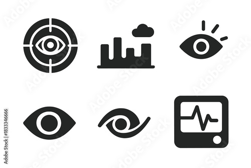 REM Sleep Icons. Solid style icons of REM sleep tracking: eye movement radar, sleep stage chart, REM burst symbol. Sleep cycle