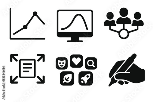 Scriptwriting Icon Set. Line style icons of Crowdsourced Scriptwriting: plot diagram icon, story arc tracker, group idea web,