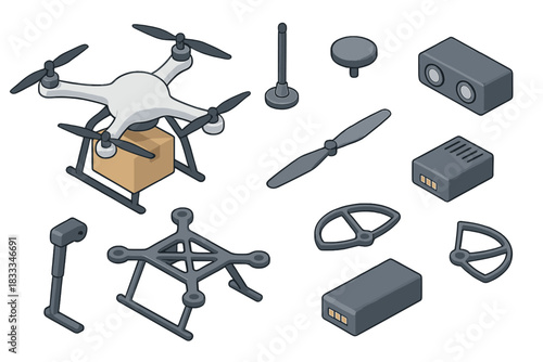 Drone Delivery System. Isometric vector illustration set Robotics and AI – Drone delivery system: quadcopter frame, package bay,
