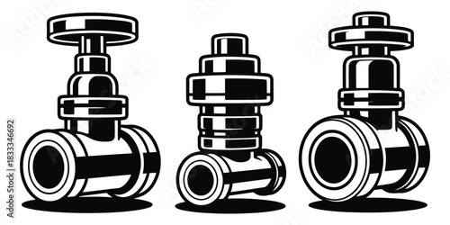 Three Industrial Valves in Black and White plumbing