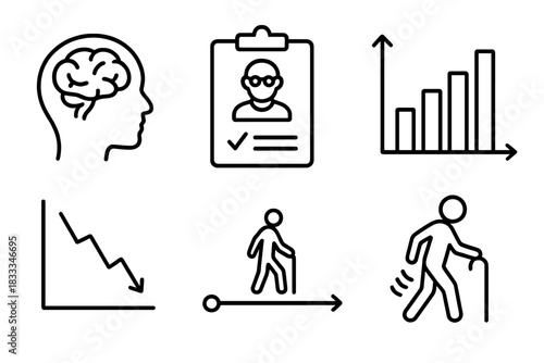 Gerontology Icon Set. Line style icons of gerontology studies: aging brain icon, senior health chart, demographic aging graph,