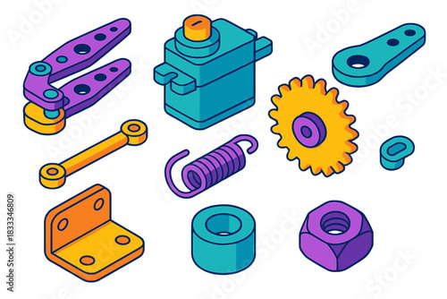 Robotics Kits Essentials. Isometric vector illustration set Robotics kits – gripper fingers, wrist servo, rotation gear; servo