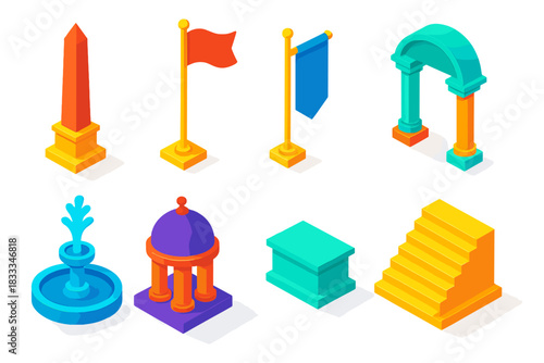 Skyscraper Silhouette Set. Isometric vector illustration set Skyscraper silhouettes – ceremonial tower, flag mast, banner pole;