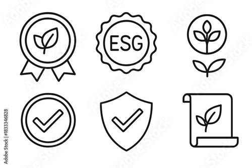 ESG Certification Icons. Line style icons of ESG certification and labels: green certification icon, ESG seal badge,