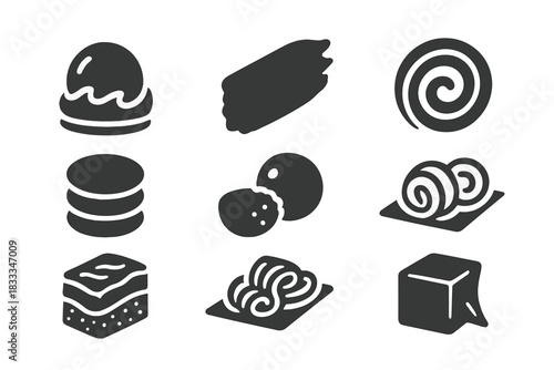 Avant-Garde Cooking Textures. Solid style icons of avant-garde cooking textures: whipped air sphere, rough-paste smear, elastic