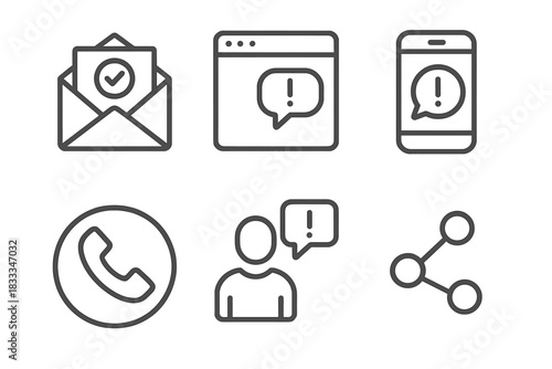 Report Channel Icons. Line style icons of reporting channels: email report icon, web portal symbol, mobile app complaint, phone