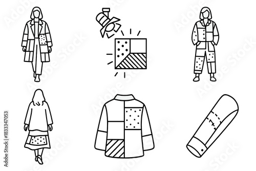 Upcycled Fashion Icons. Line style icons of upcycled fashion runway: model in patchwork coat, spotlight on fabric details,