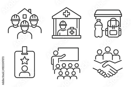 Community Resilience Icons. Line style icons of community resilience training: neighborhood response team, community first aid