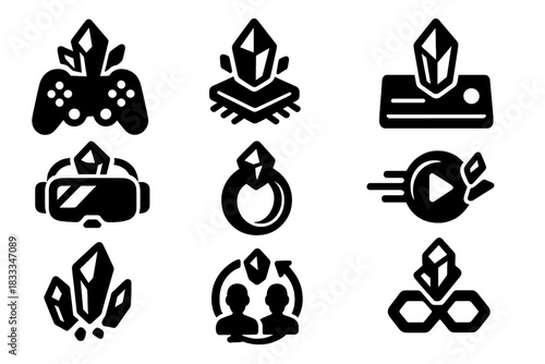 Futuristic Gaming Icons. Solid style icons of gaming with crystal processors: crystal controllers, hologame chips, light-speed