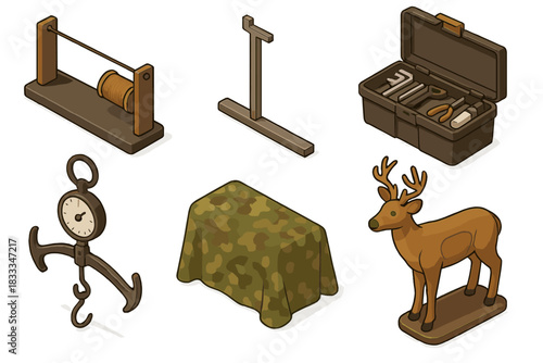 Archery Gear Essentials. Isometric vector illustration set Archery gear: bowstring jig with thread, limb alignment gauge, archery
