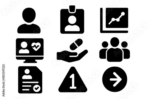 Trial Participant Icons. Solid style icons of trial participants and testing: volunteer icon, lab subject badge, test phase chart.