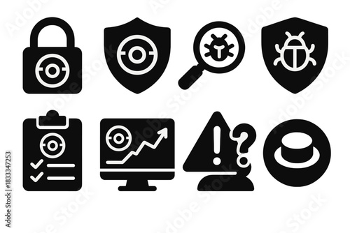 DAO Security Icons. Solid style icons of DAO security mechanisms: multisig lock icon, DAO firewall shield, DAO threat scan icon.