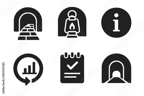 Historic Tunnel Icons. Solid style icons of historical tunnel walks: brick path glyph, lantern trail icon, info badge. Storyline