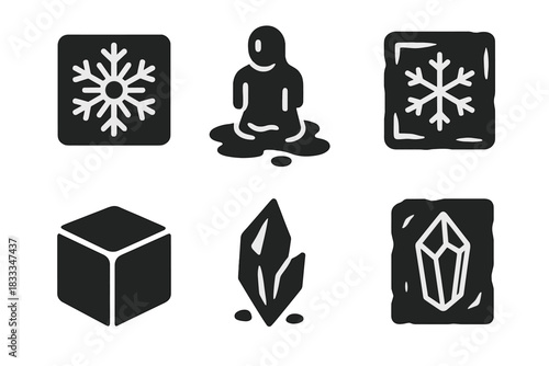 Ephemeral Ice Artistry. Solid style icons of ephemeral ice engravings: carved snowflake pattern, melting ice sculpture, frost-cut