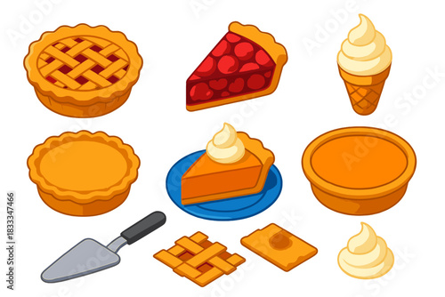 Colorful Dessert Pies. Isometric vector illustration set Ice cream and desserts – pie assortment, apple pie, cherry pie; pumpkin