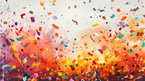 Colorful confetti explosion on a white background. Abstract watercolor illustration for a party or celebration. Festive event banner with copy space