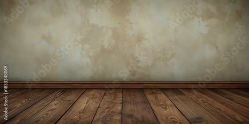 Distressed pale plaster wall above old wooden floor