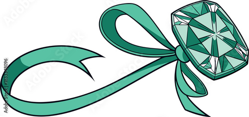 Deep emerald green ribbon with sparkling gemstone illustration