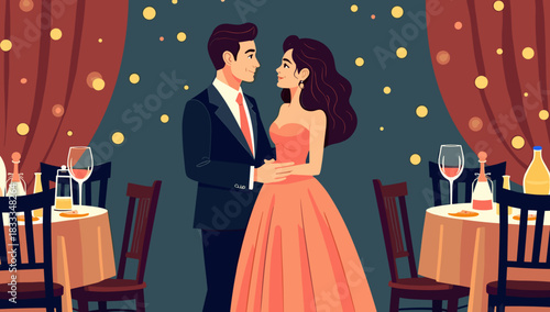 Dressed up couple new year's eve elegant pair embracing at candlelit dinner