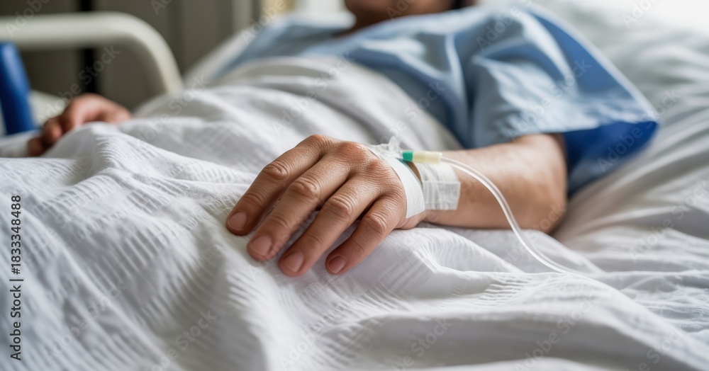 Fototapeta premium Hands, senior person and iv drip in hospital bed for nutrition, liquid medicine and surgery recovery. Closeup, elderly patient and fluid for medical treatment, healthcare and healing from operation