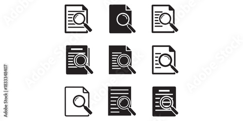Document with magnifying glass icon in black silhouette, Set of research, report, search paper document icons. Data analysis icons. Document icons with magnifying glass in various style.