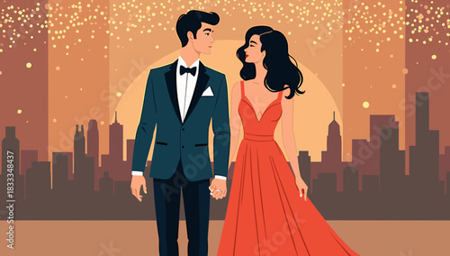 Dressed up couple new year's eve elegant pair holding hands against glowing city sunset