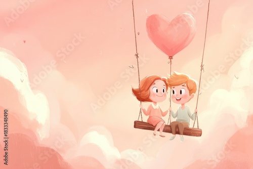 Couple swinging on cloud with heart, celebrating romance